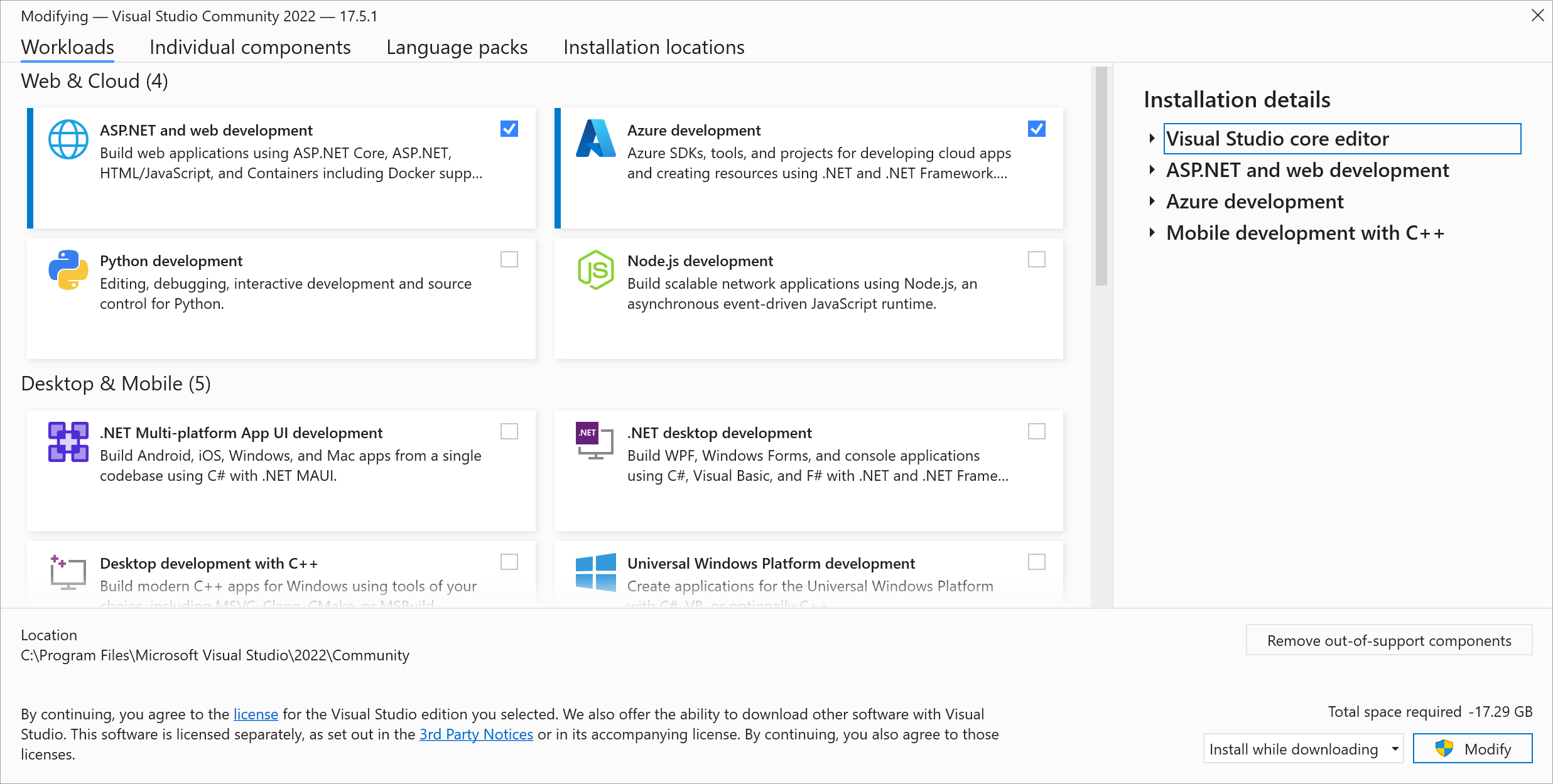 Screenshot of Modifying Visual Studio Community 2022 workloads tab with ASP.NET and web development and Azure development highlighted.