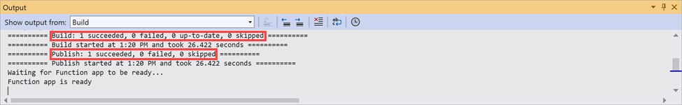 Screenshot of the Output window in Visual Studio. The output messages indicate that the functions were published successfully.