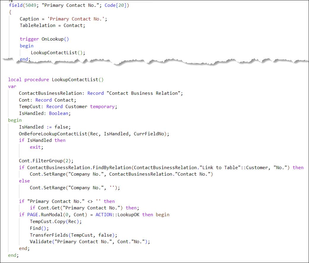 OnLookup trigger on the Primary Contact No. field.