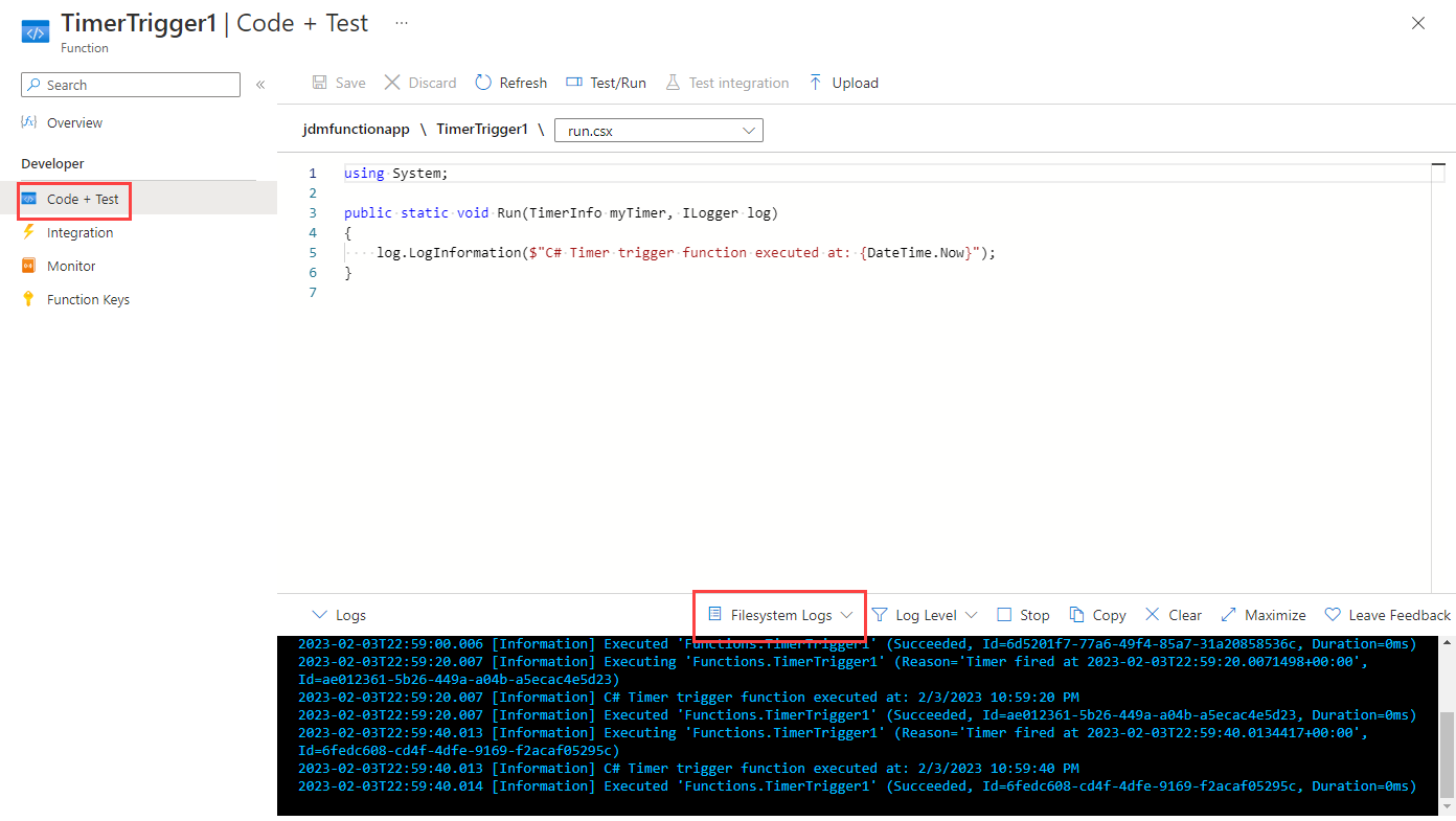 Screenshot that shows the function Code + Test pane with the Filesystem Log displayed.
