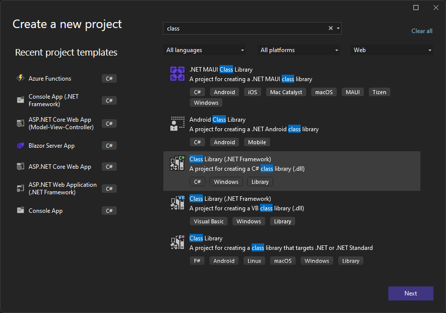 Screenshot of class library.