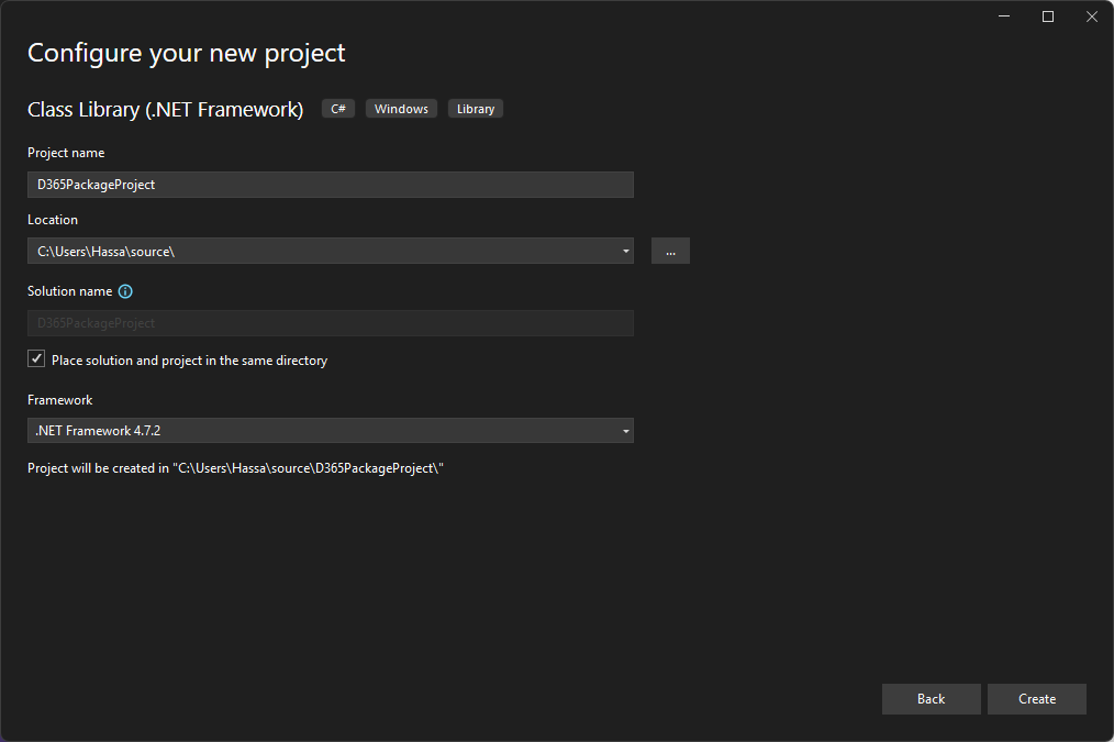 Screenshot of the configure your new project window.