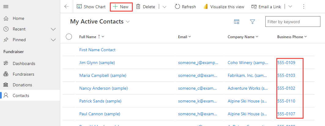 Screenshot of the contacts with business phone column highlighted.