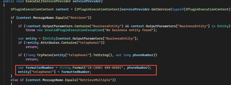 Screenshot of the retrieve part of the execute method.