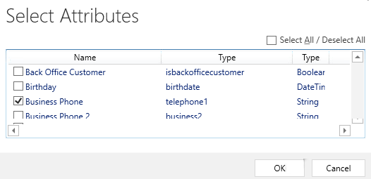 Screenshot of the select attributes view.