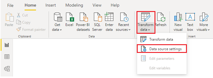 Screenshot of the Transform data menu expanded with Data source settings highlighted.