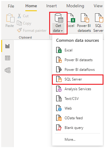 Screenshot of the Get Data menu expanded to show SQL Server.