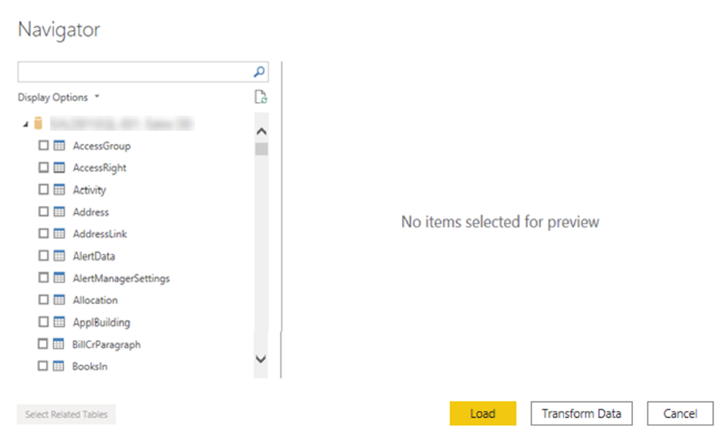 Screenshot of the Navigator window with available tables.