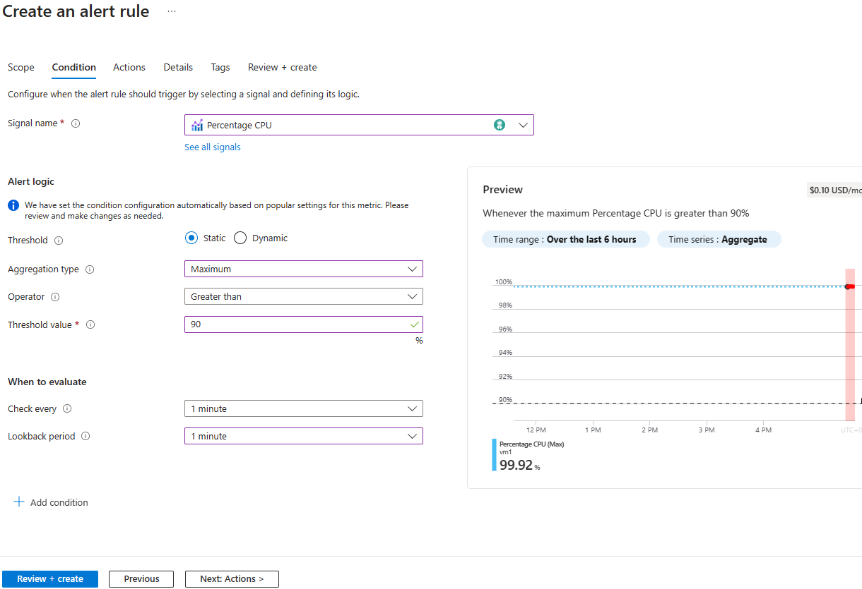 Screenshot that shows the settings for metric condition logic.