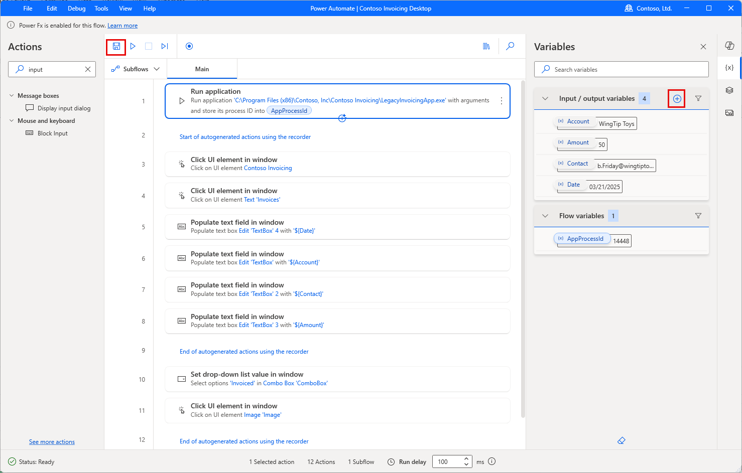 Screenshot of Power Automate for desktop Actions page with the Save button highlighted.