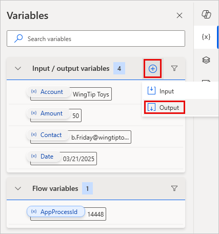 Screenshot of the Variables dialog with the plus icon selected and Output highlighted.
