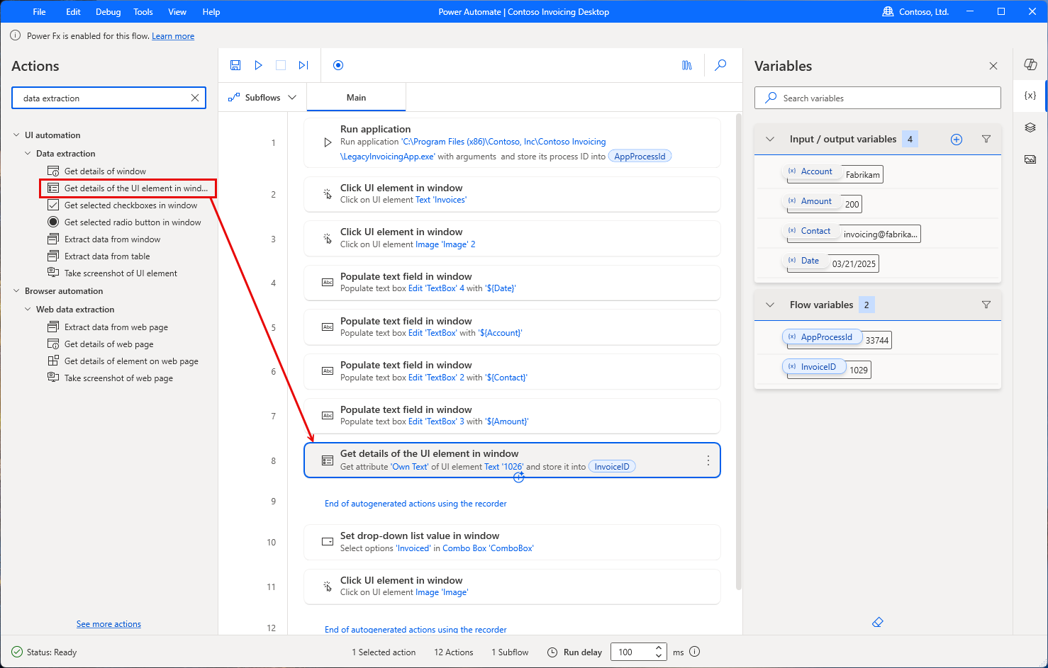 Screenshot of Power Automate for desktop showing how to drag an action to a step.