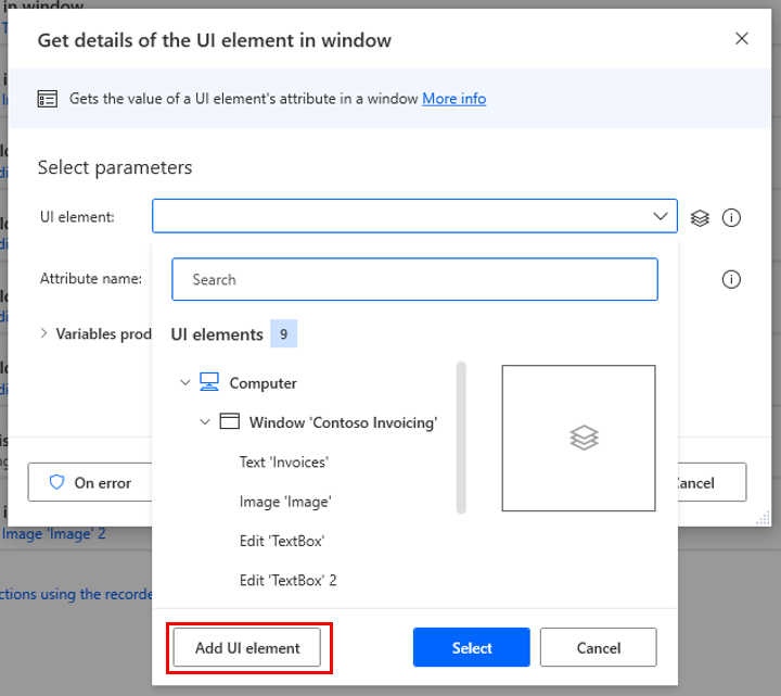 Screenshot of Get details of the UI element in window dialog with the UI element expanded and the Add UI element button highlighted.