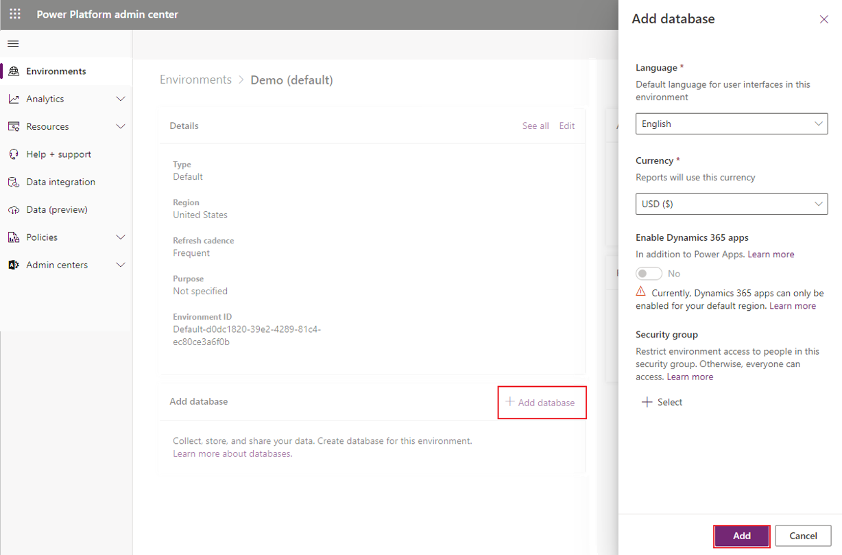 Screenshot of the Add database dialog in the Microsoft Power Platform admin center.