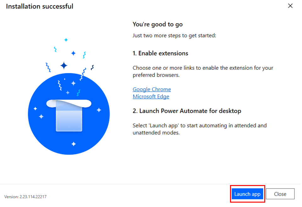 Screenshot of the Power Automate for desktop Installation successful message.