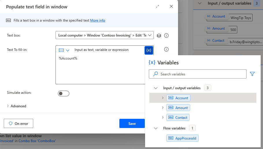 Screenshot of the input output variables selector with Account highlighted.