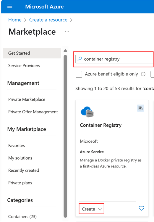 Screenshot that shows Create a resource with Container Registry.