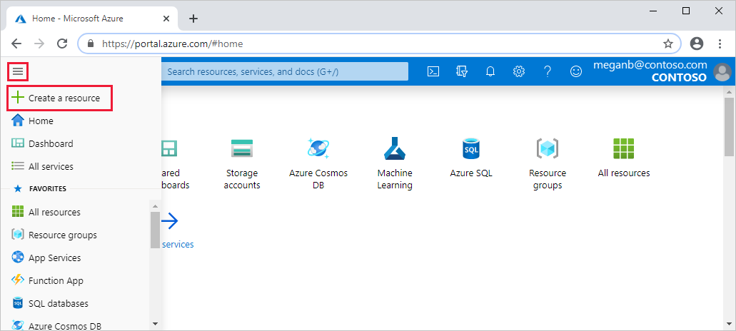 Create a resource from Azure portal menu.