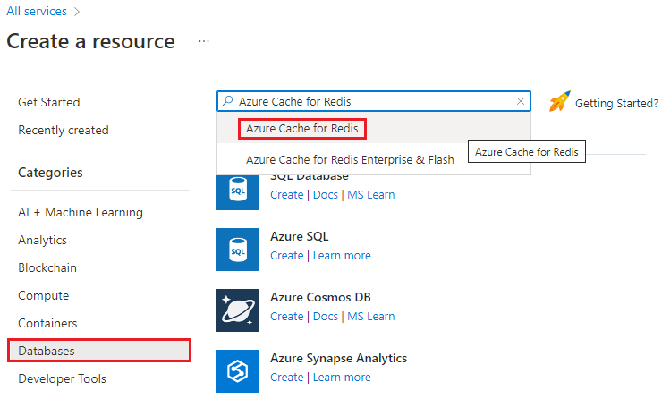 Selecting the Azure portal database option to create an Azure Cache for Redis.