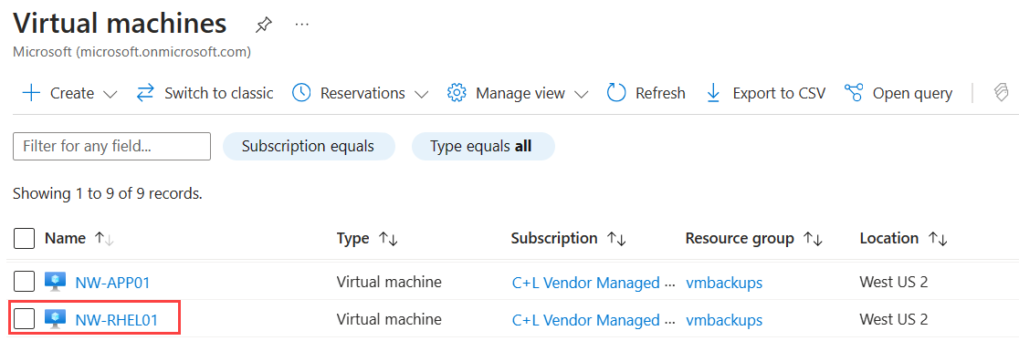 Screenshot that shows selecting a virtual machine.