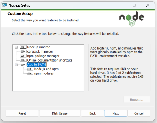 Screenshot displaying the custom install of Node.js options in wizard.