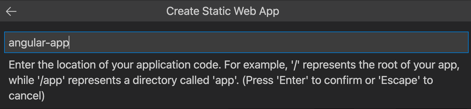 Screenshot showing the code location entered as Angular app.