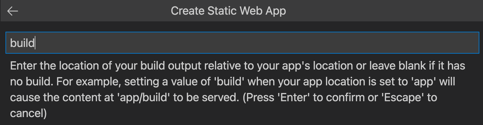 Screenshot showing how to enter the build output location for React.