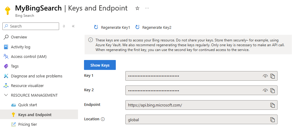 Screenshot shows Bing Search API key and endpoint.