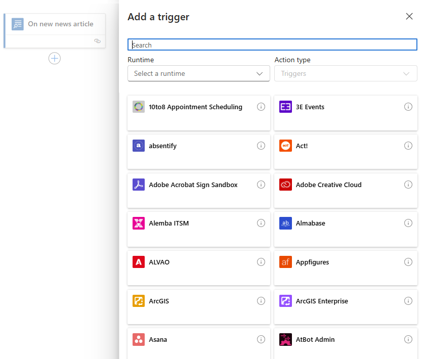 Screenshot shows workflow designer with available connectors.