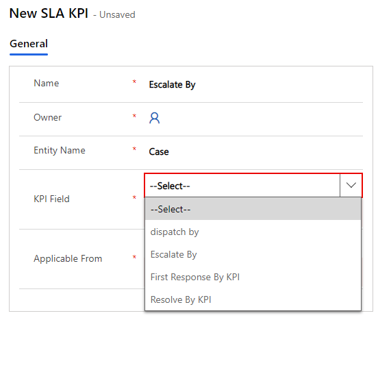 Screenshot of the New S L A K P I screen with K P I field expanded to show the new Escalate By field.