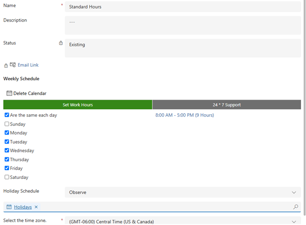 Screenshot showing the page setting your company service hours.