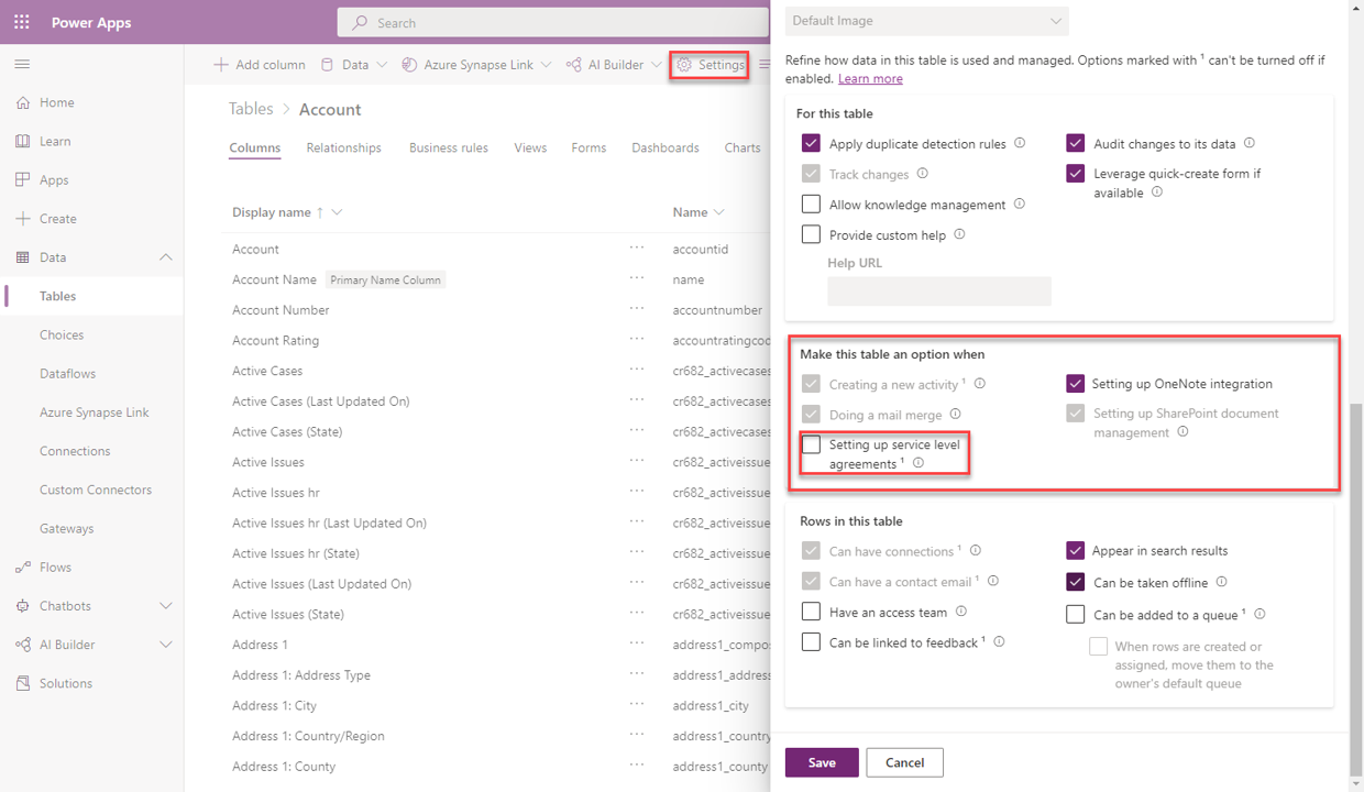 Screenshot of Power Apps with the dialog showing the Setting up service level agreements option.