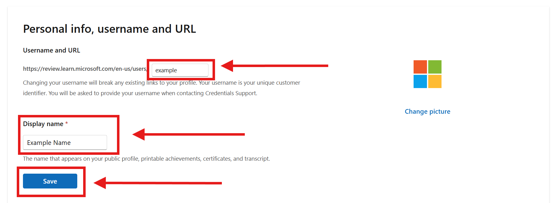 Screenshot of the Personal info, username, and URL section in the Microsoft Learn profile settings.