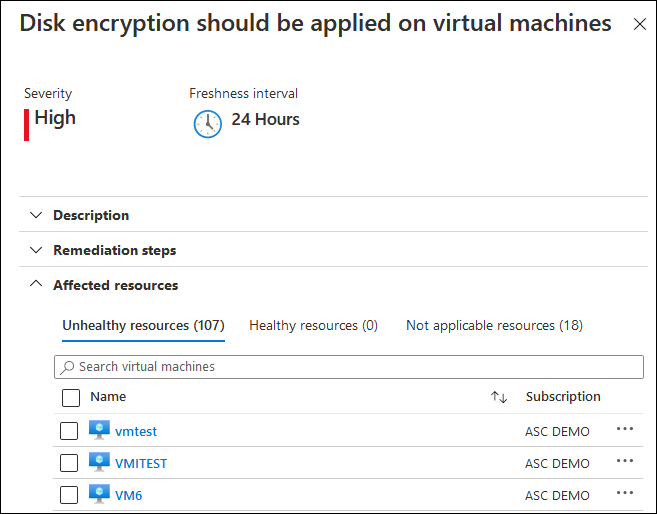 Screenshot showing an example of affected resources that require remediation.