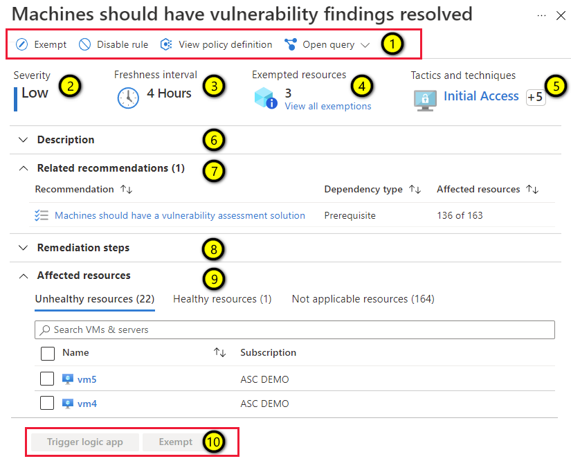Screenshot of recommendations for virtual machine vulnerability findings.