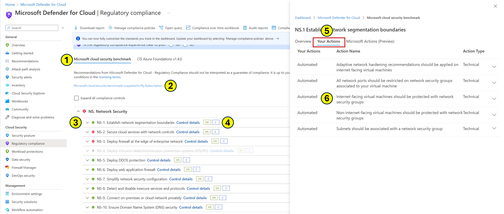 Screenshot showing an example of the regulatory compliance dashboard and network security controls.