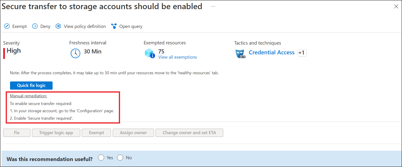 Screenshot showing an example of manual remediation steps for storage accounts.
