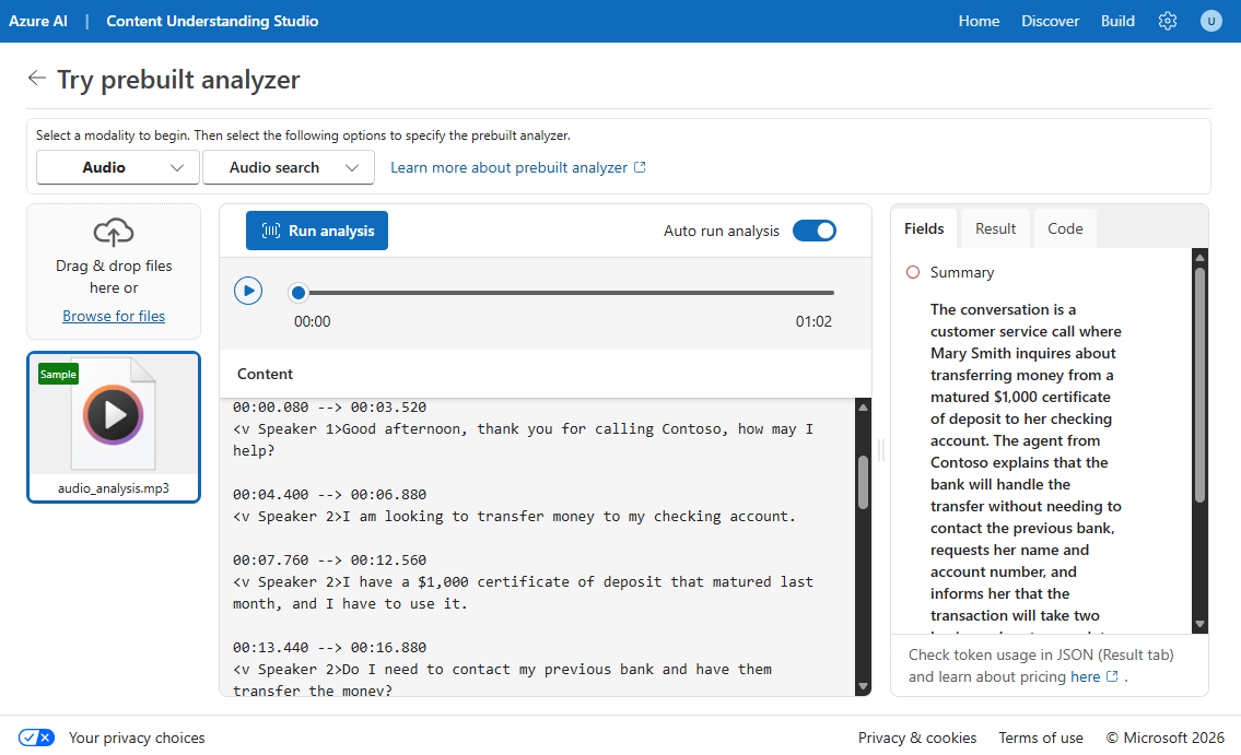 Screenshot of an audio file being analyzed by Content Understanding.