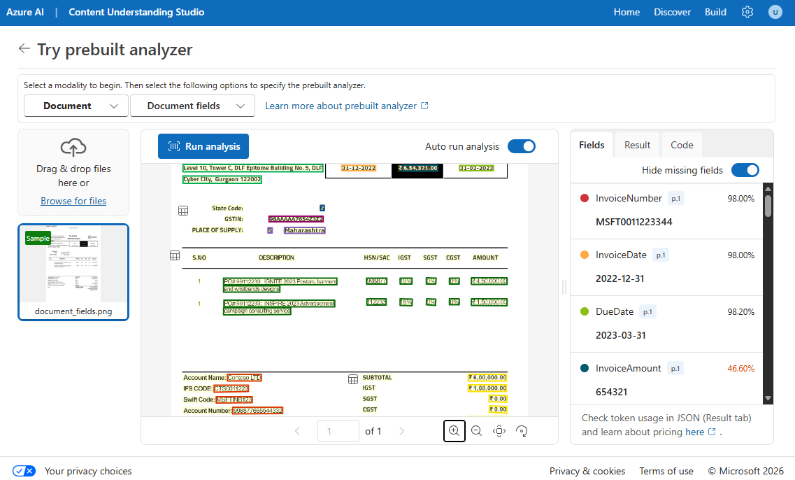 Screenshot of an invoice being analyzed by Content Understanding.