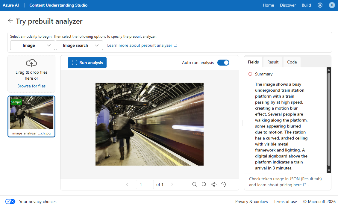 Screenshot of an image being analyzed by Content Understanding.