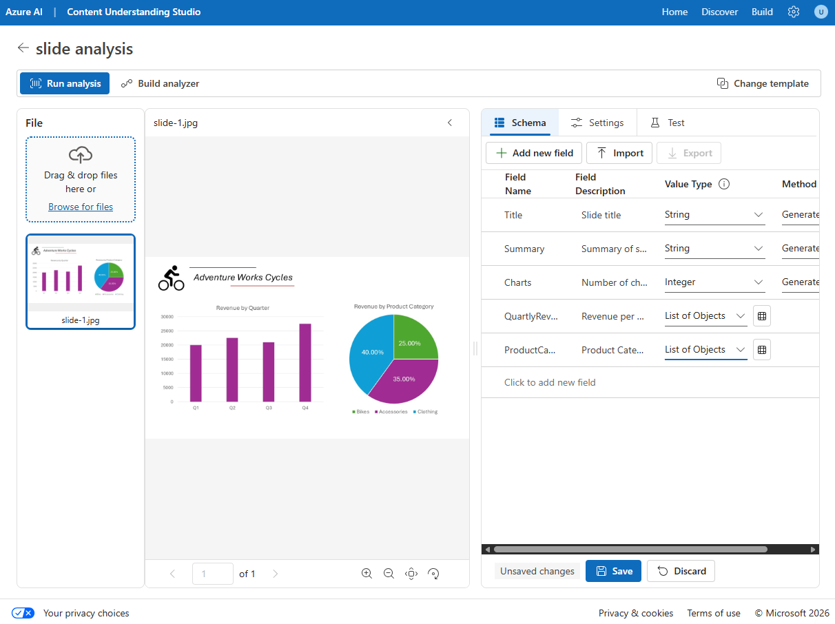 Screenshot of the Define schema user interface in Content Understanding Studio.