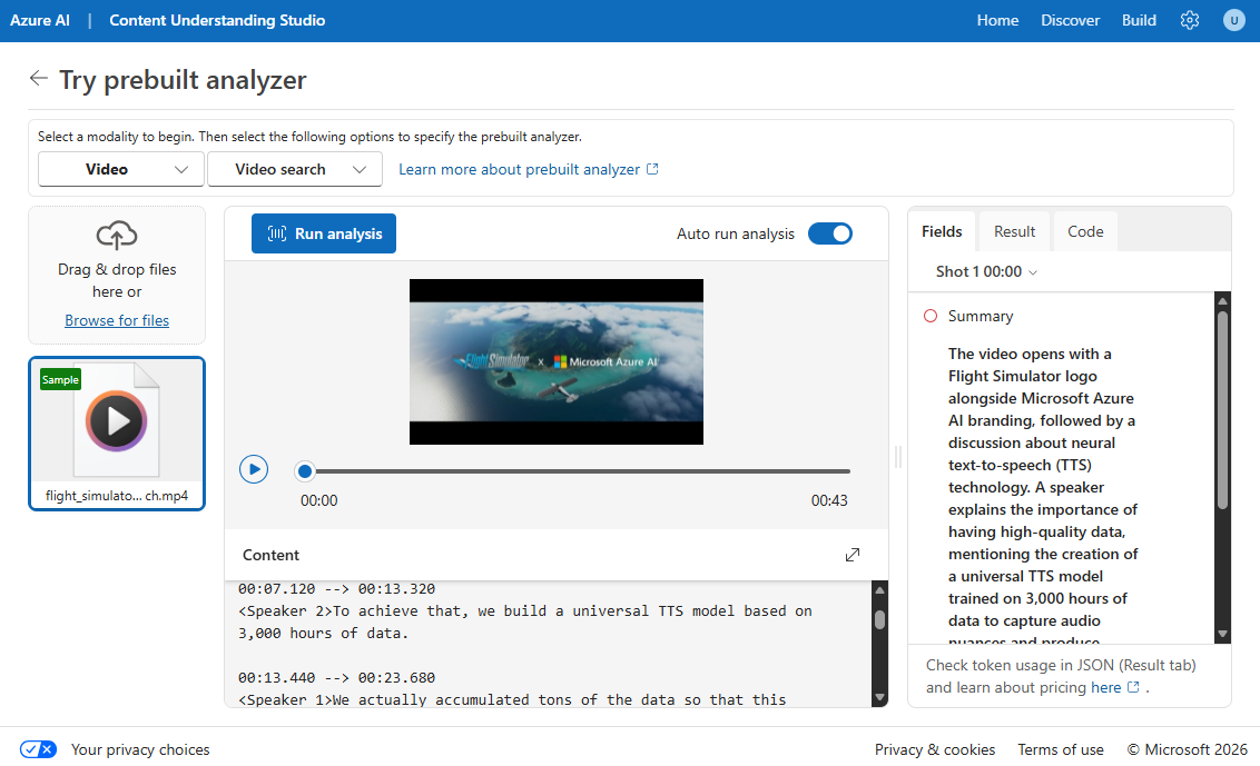Screenshot of an video file being analyzed by Content Understanding.