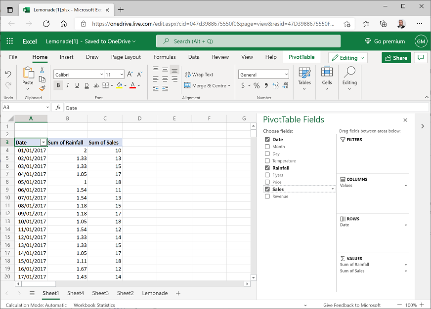 Screenshot of a Pivot Table showing rainfall and sales totals by date.