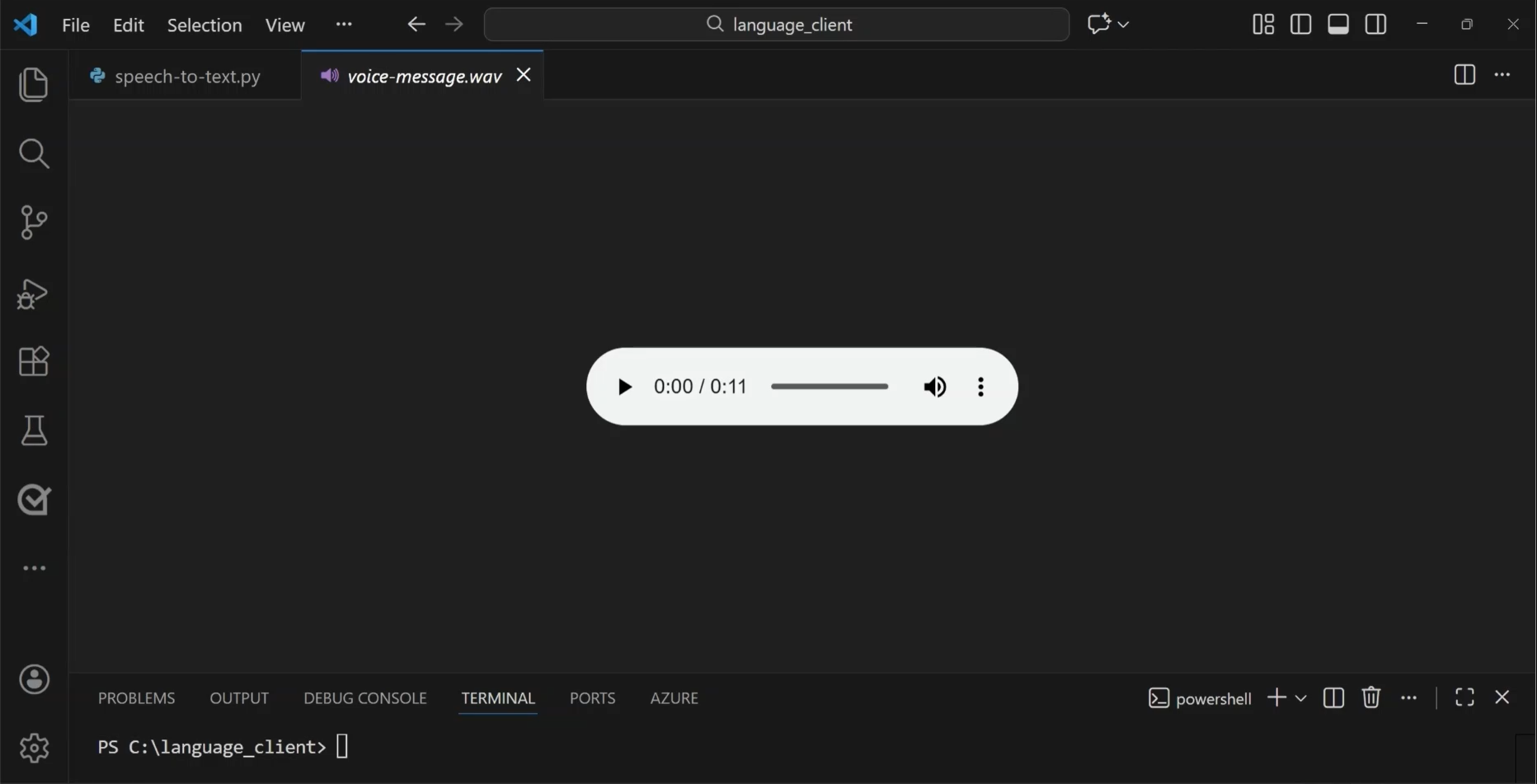 Screenshot of Visual Studio Code with an audio file open.