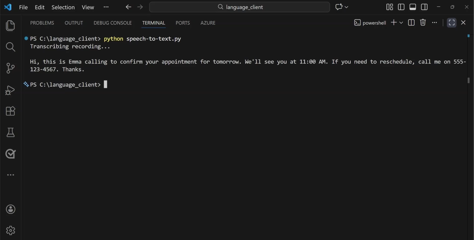 Screenshot of Visual Studio Code with the terminal open and the results of speech-to-text.
