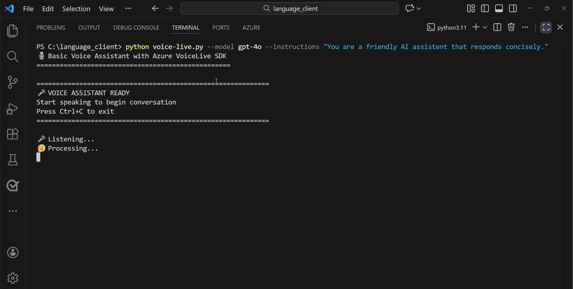 Screenshot of the result of the VoiceLive Python script.