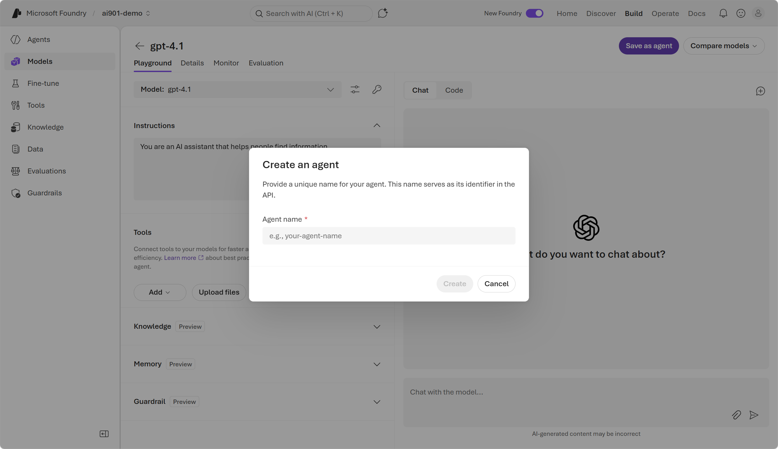 Screenshot of the Foundry playground with a deployed model and a dialog box to save as an agent.