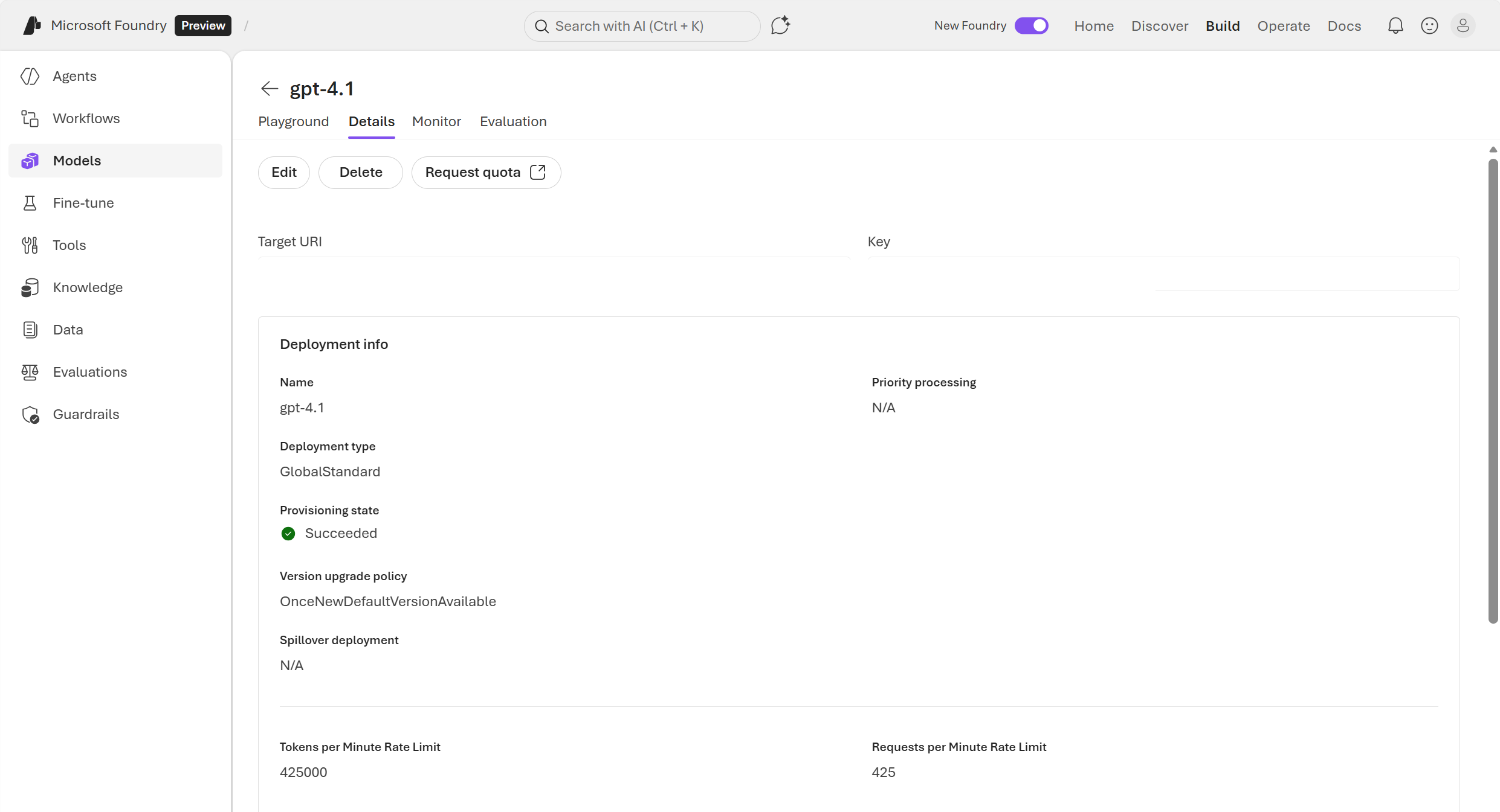 Screenshot of the model endpoint and key in the Foundry Playground's details page.