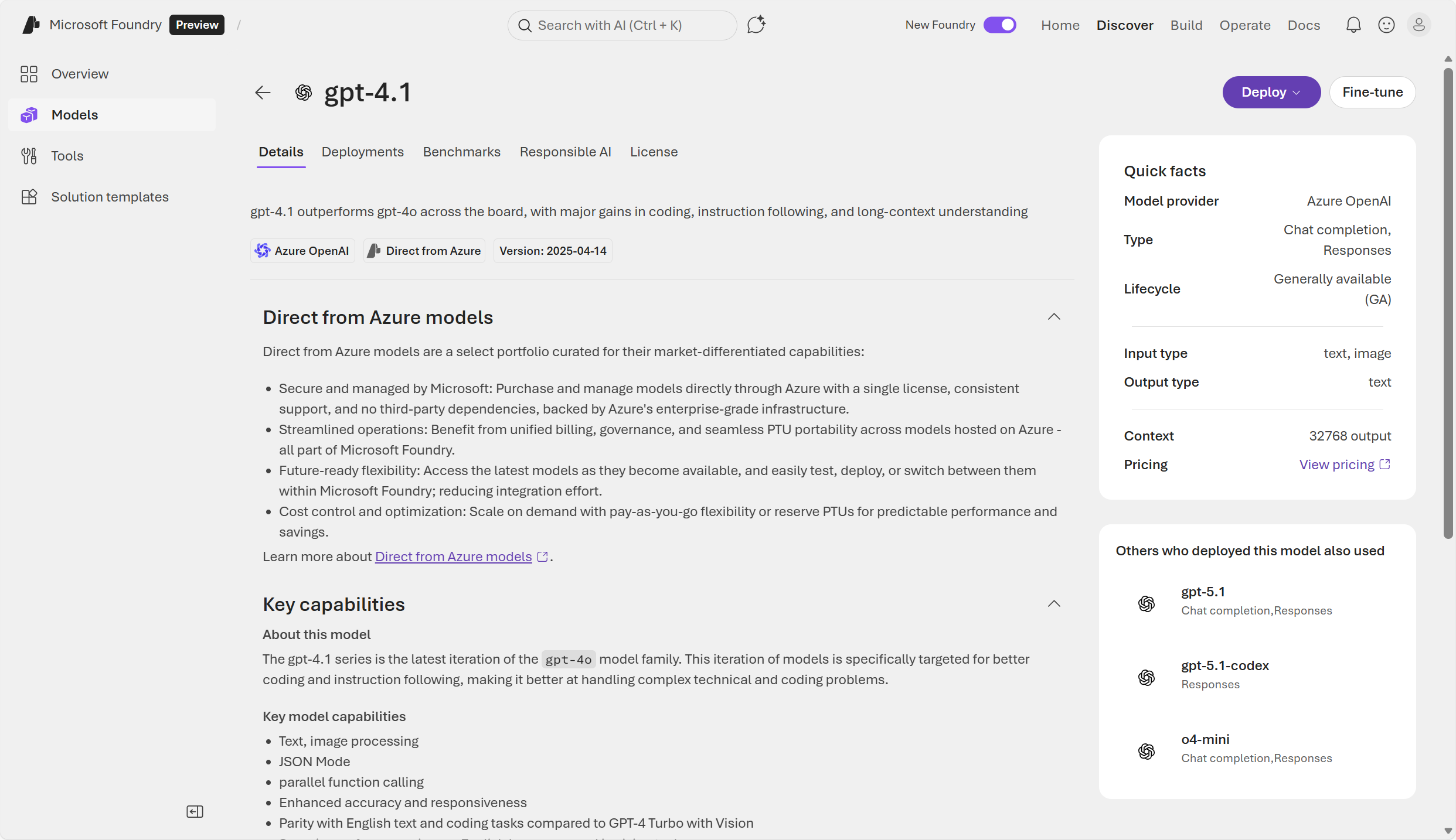 Screenshot of Foundry's model entries with gpt-4.1 as an example.