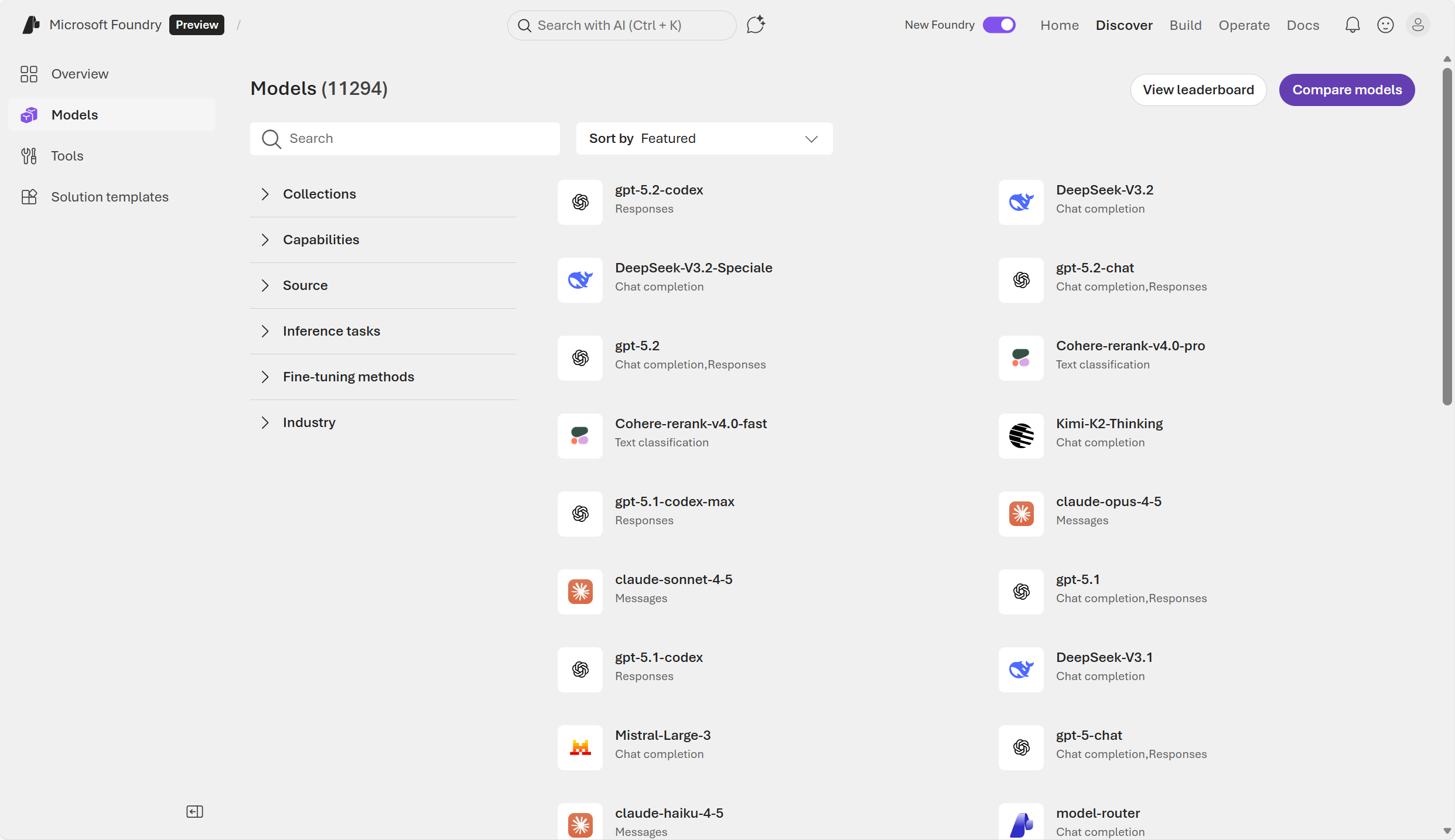 Screenshot of Foundry's model catalog with the new UI.